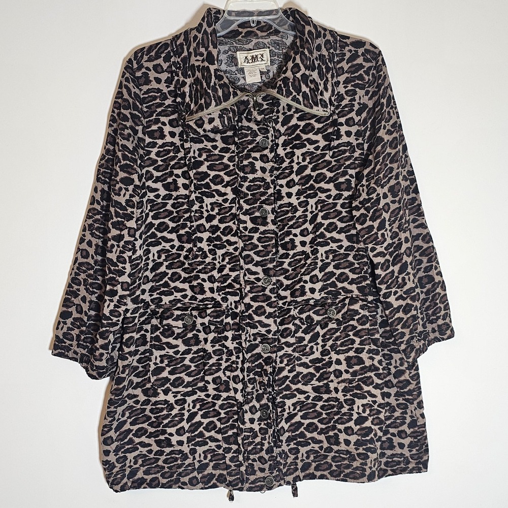 AMX Jacket Womens 2XL Brown Animal Print Leopard Drawstring Button Zip Pockets‎